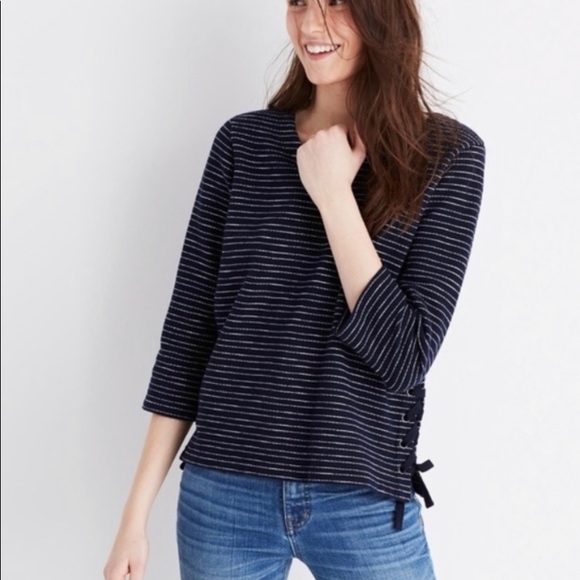 Madewell Tops - Madewell Navy Striped Side lace up knit sweater
